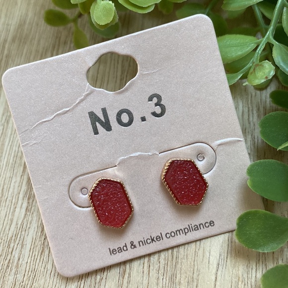 No. 3 Jewelry - 🎉HP🎉 No. 3 Stud Sparkle Druzy Earrings 💗 Red & Gold
